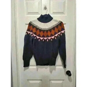Free Assembly Fair Isle mock neck cotton wool sweater size MEDIUM skii core puff